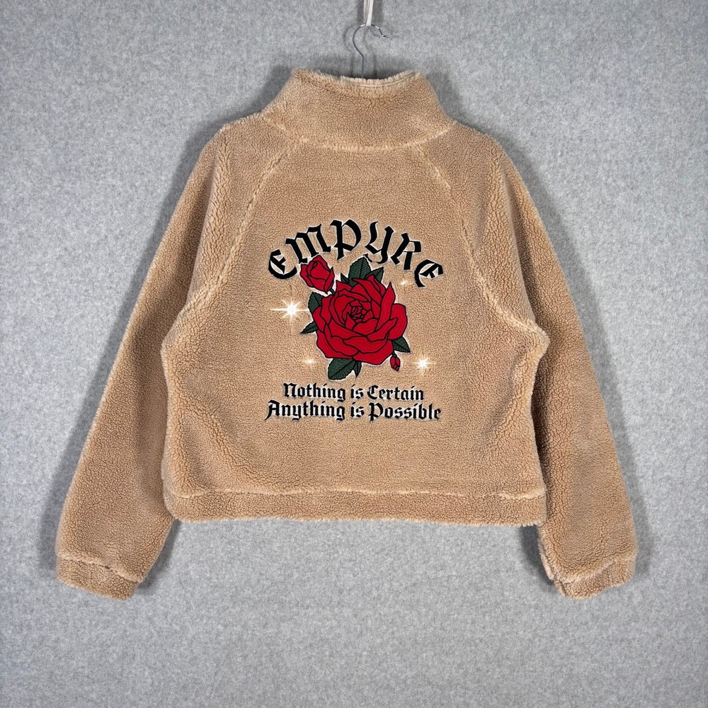 Empyre Sherpa Teddy Pullover Large Rose Embroidered Emma Chamberlain Cozy Grunge